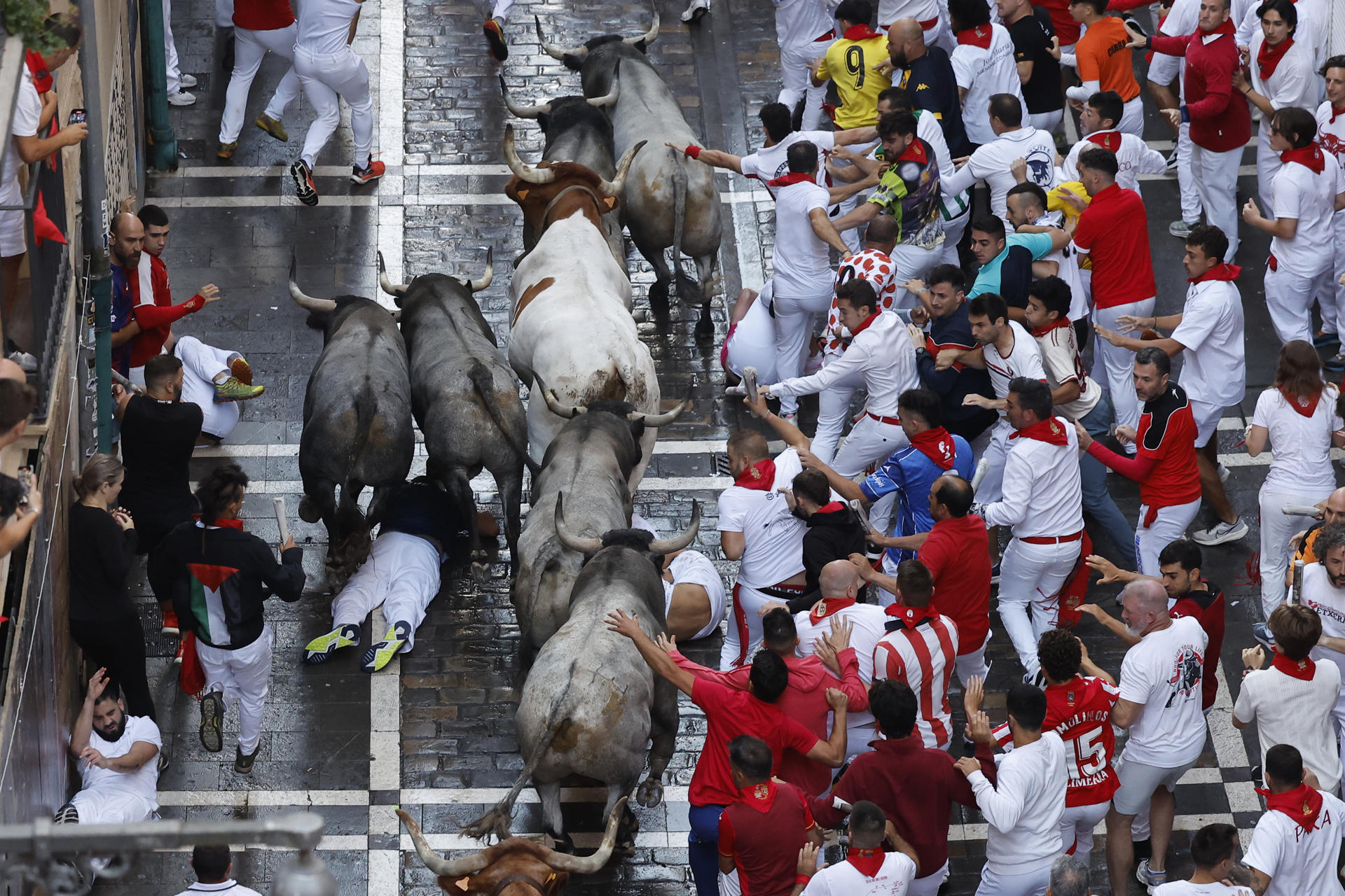 Mozos perseguidos por los toros de la ganadería de José Escolar en el sexto encierro de los Sanfermines, este sábado en Pamplona.
