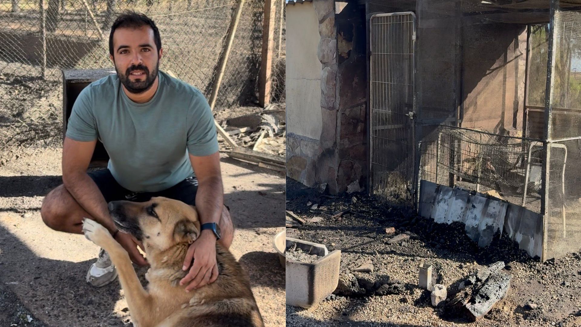 Andrés junto a uno de sus perros y parte de su finca quemada.