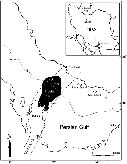 Mapa de localización del yacimiento South Pars y su parte catarí, el yacimiento North, en aguas del Golfo Pérsico.